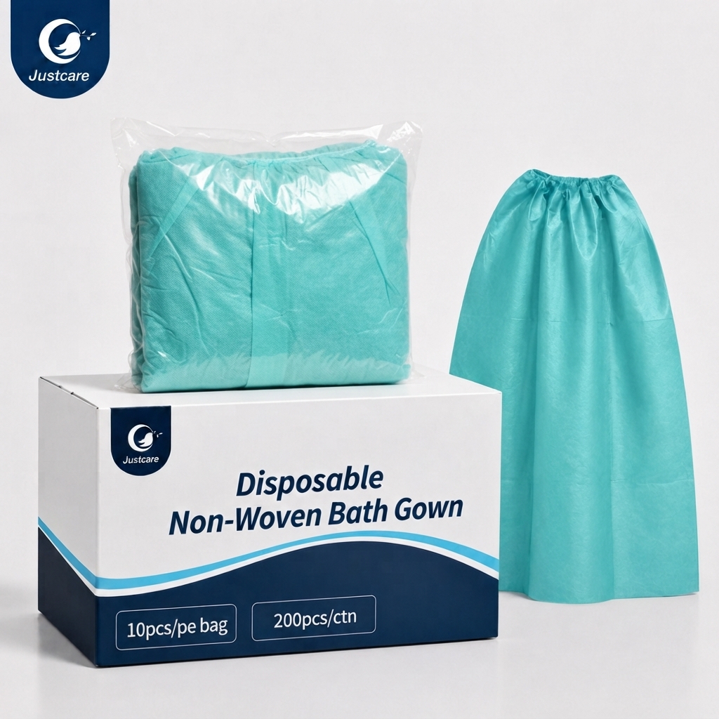 Justcare disposable non-woven bath gown product packaging display, 10pcs per bag 200pcs per carton, spa disposable wrap gown