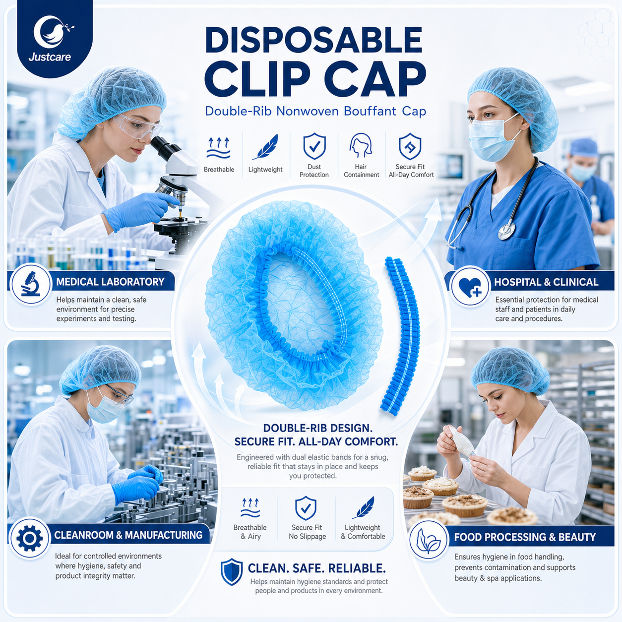 Blue disposable bouffant cap head cover for medical and laboratory use