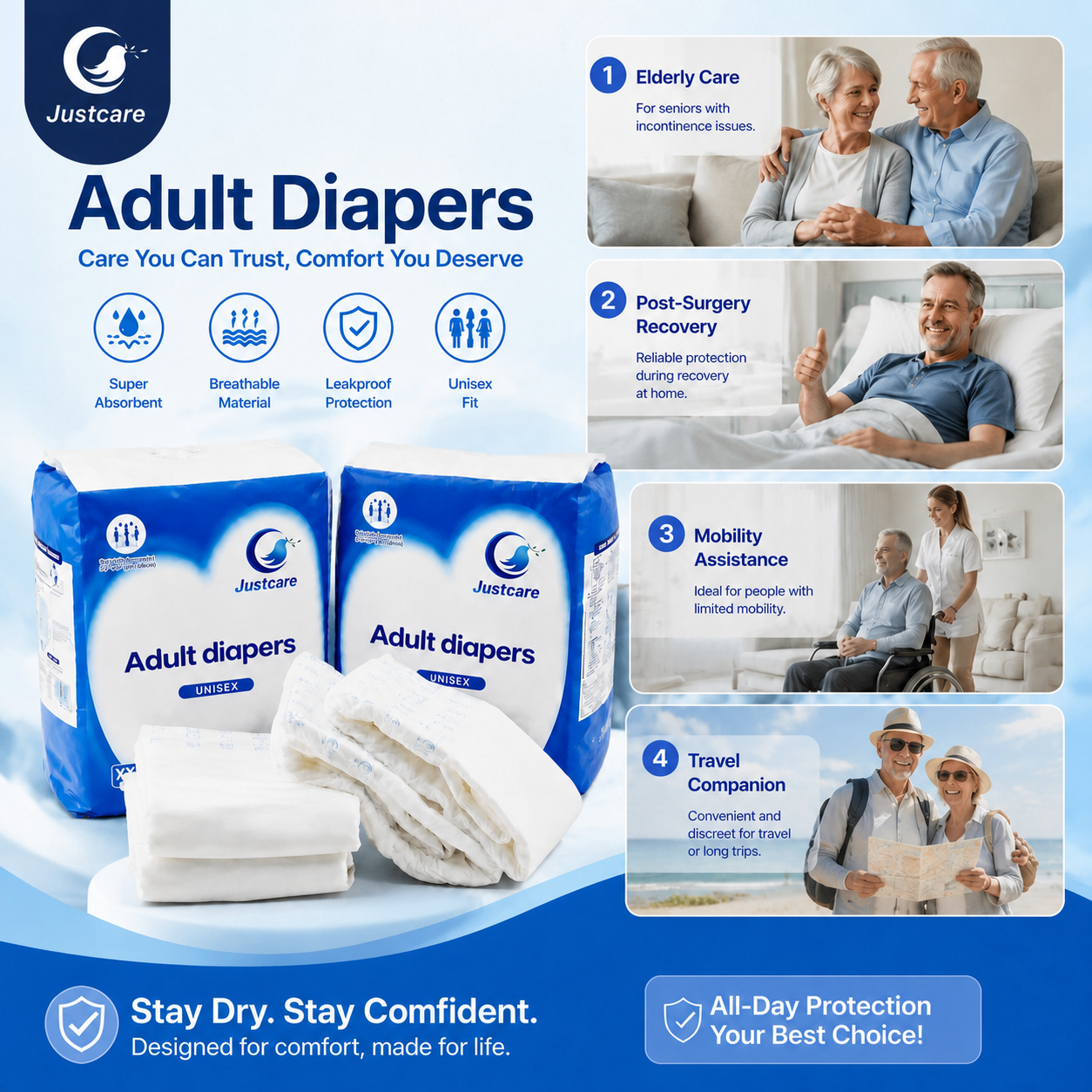 Breathable adult diaper, single‑use incontinence protective diaper for home hospital care