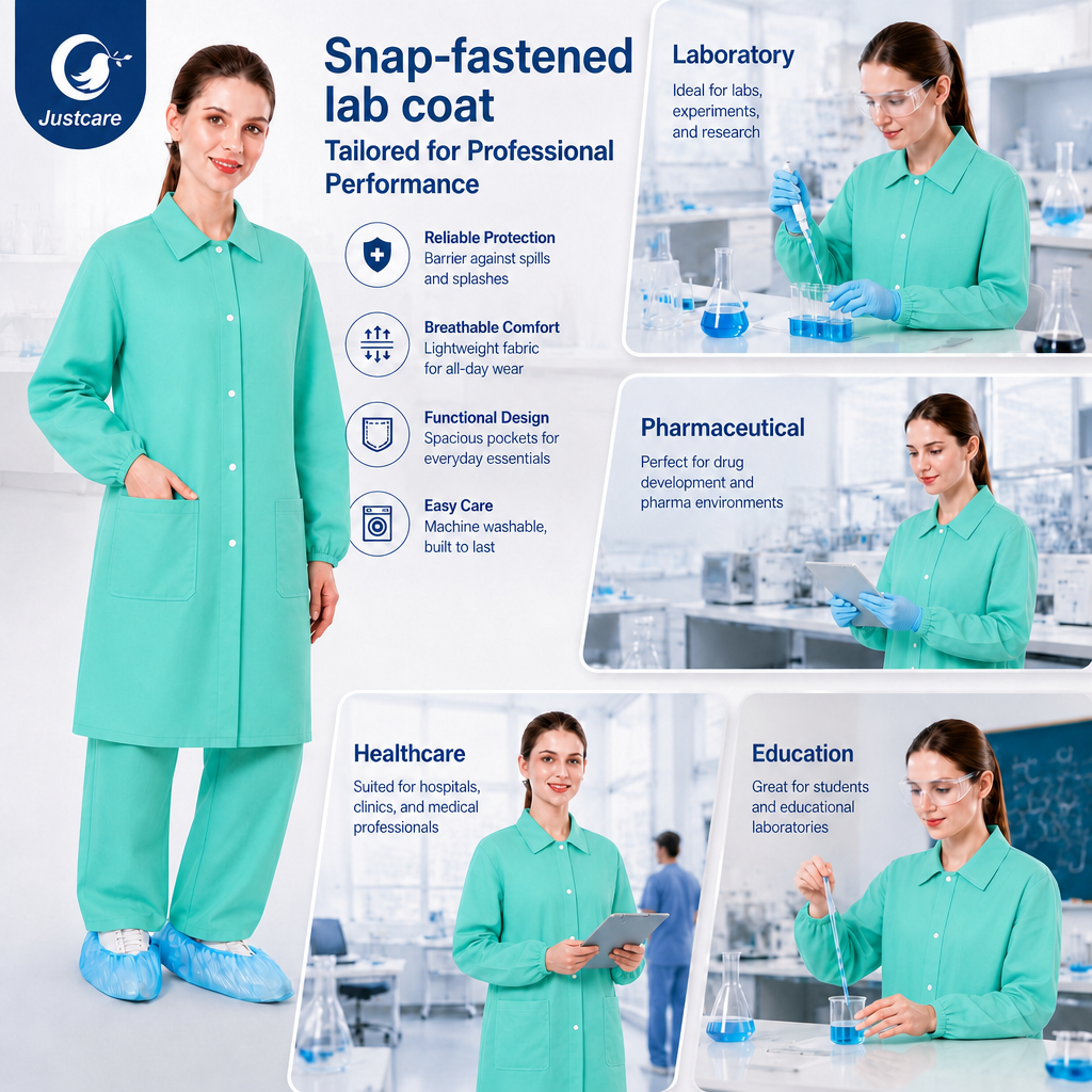 Justcare snap‑fastened lab coat, mint green PP disposable lab coat, lightweight dust‑resistant breathable protective workwear