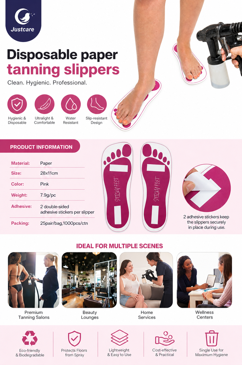justcare-disposable-paper-tanning-slippers-spec-poster-spa-clinic-applications