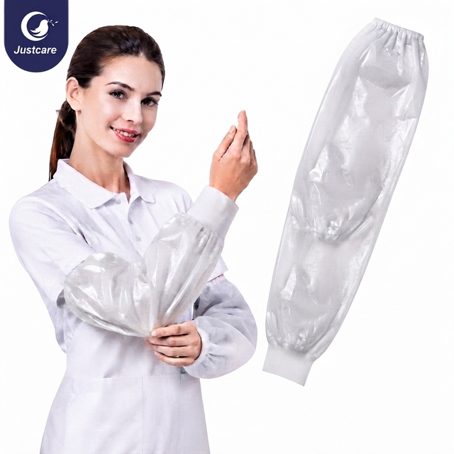 Justcare disposable PP+PE sleeve cover, white waterproof protective oversleeve with knitted cuff, worker wearing sleeve cover
