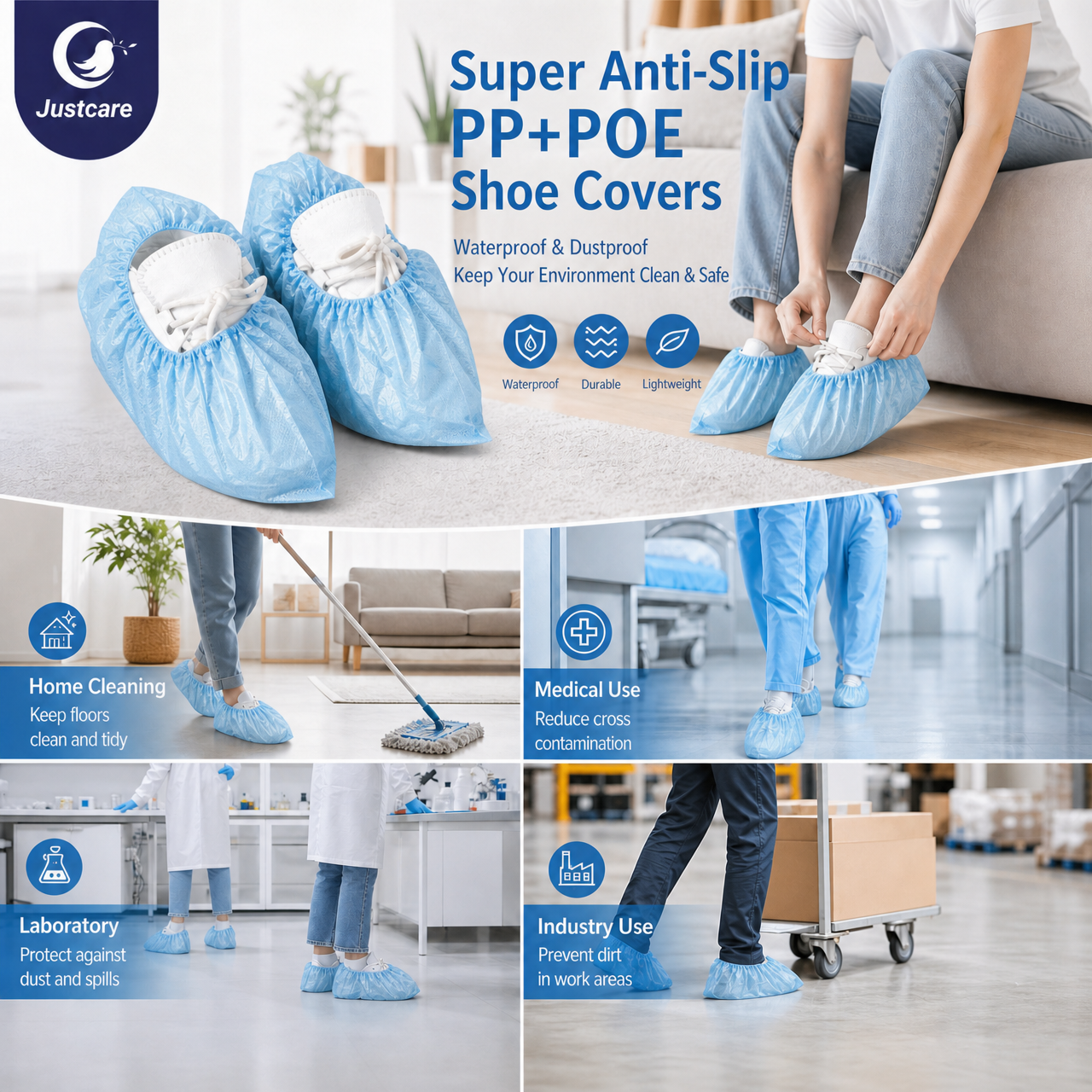 Justcare anti‑slip PP+POE shoe covers, multi‑scene usage for home, medical, lab and industry
