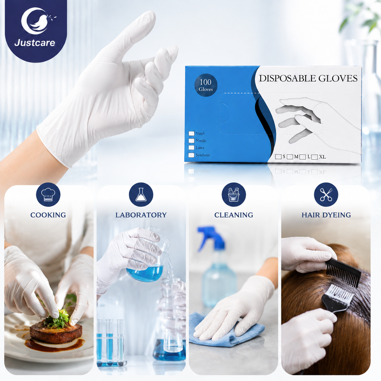 Justcare disposable latex gloves multi‑purpose usage scenarios: cooking, laboratory, cleaning, hair dyeing salon work
