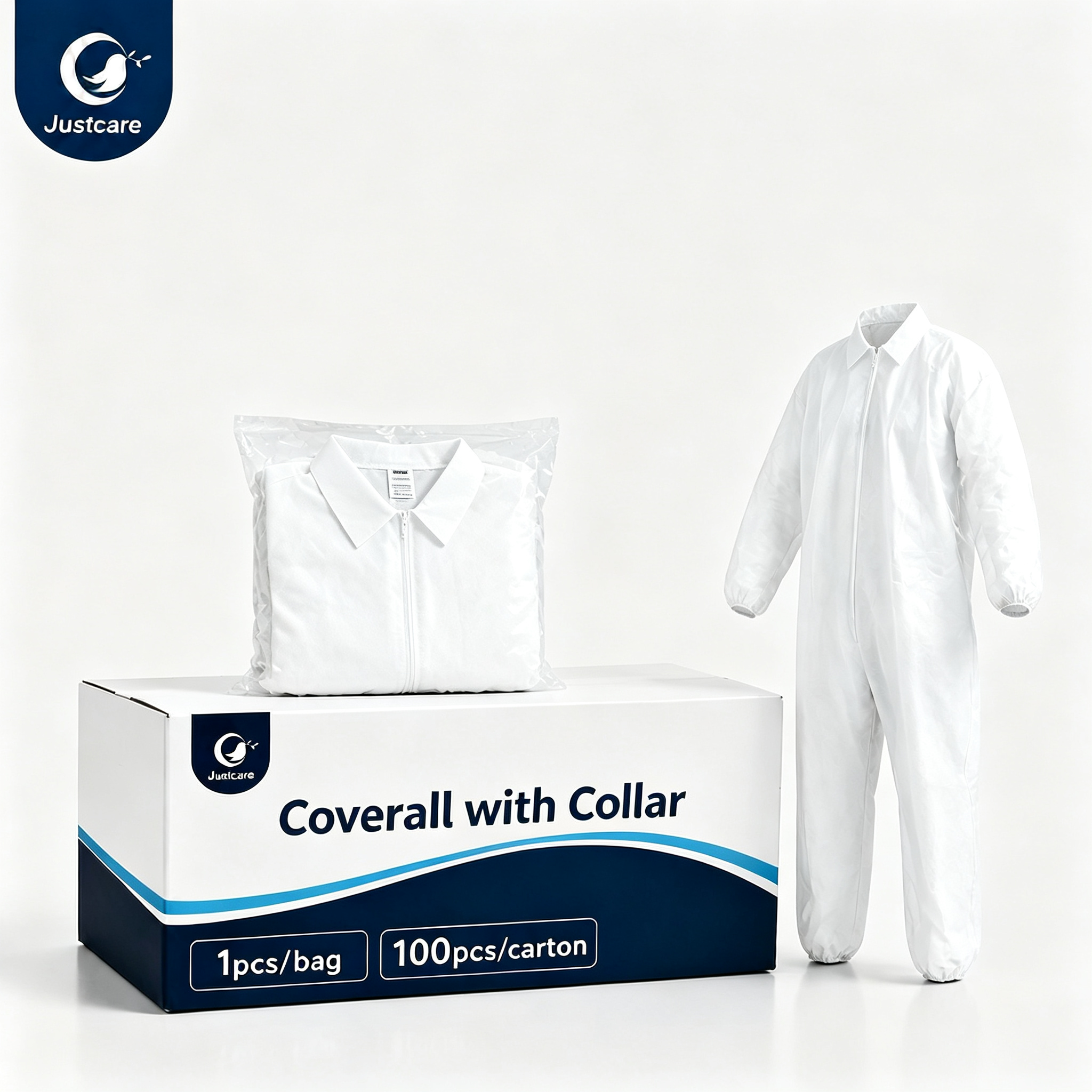 Justcare disposable coverall with collar packaging box, 1pc per bag, wholesale carton, white nonwoven protective jumpsuit