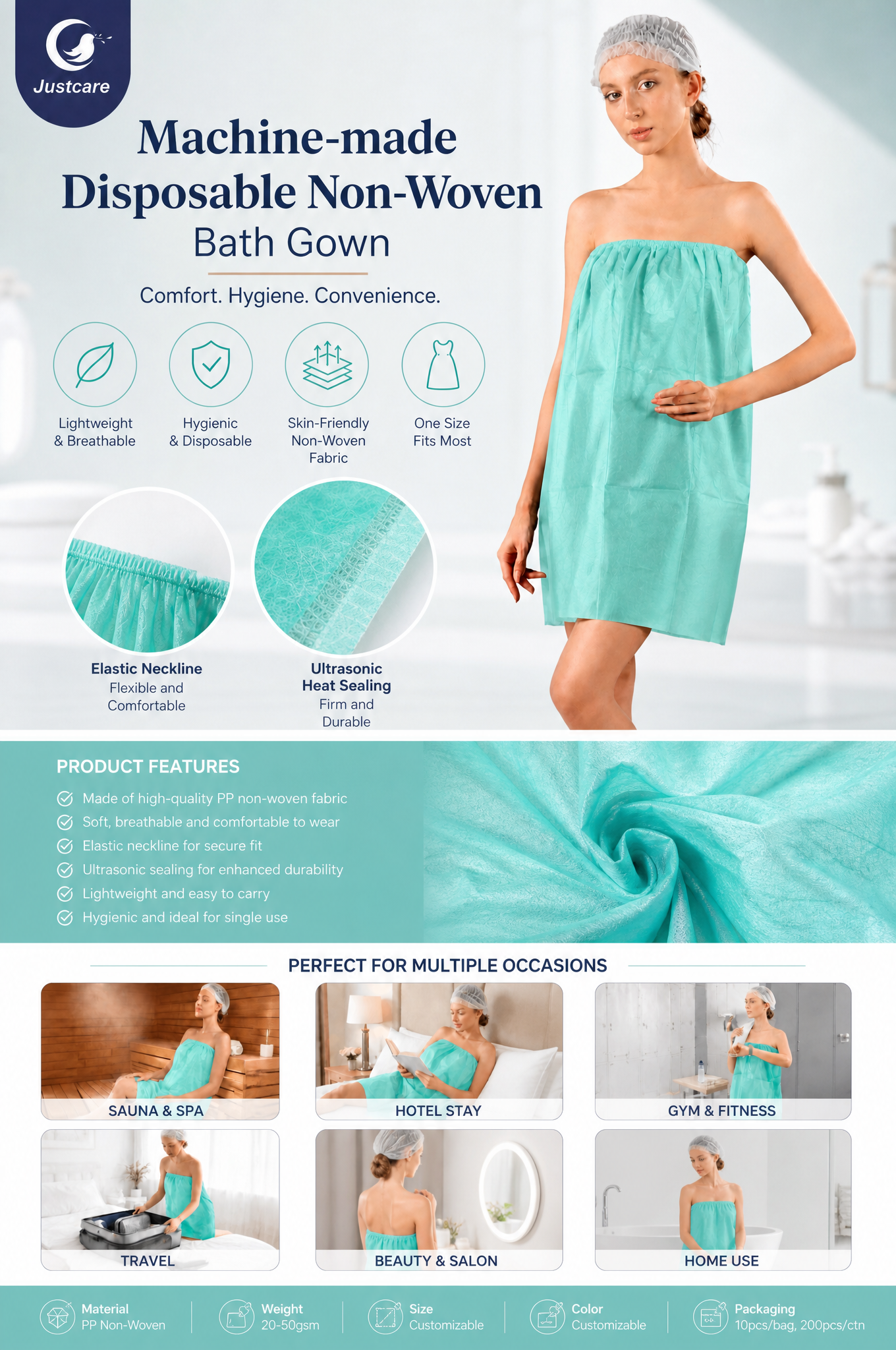 justcare-Machine-made-nonwoven-bath-gown-model-feature-scenarios-marketing-poster