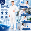 Justcare disposable collar coverall multi-scene poster, white protective suit for laboratory, factory, cleaning and painting