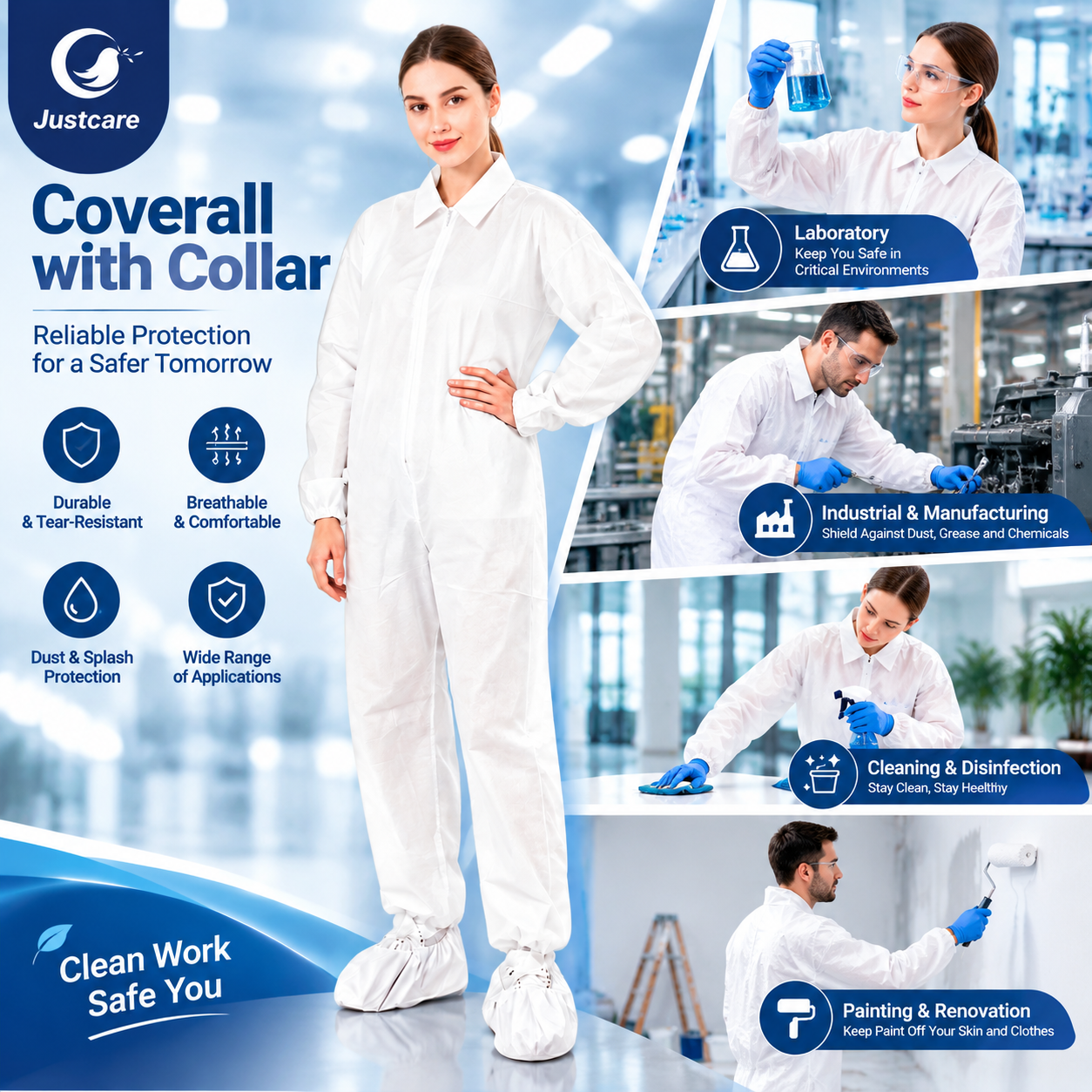 Justcare disposable collar coverall multi-scene poster, white protective suit for laboratory, factory, cleaning and painting