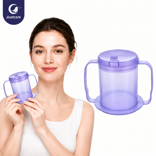 Justcare dual handles medical sip cup, woman holding purple no spill patient drinking cup