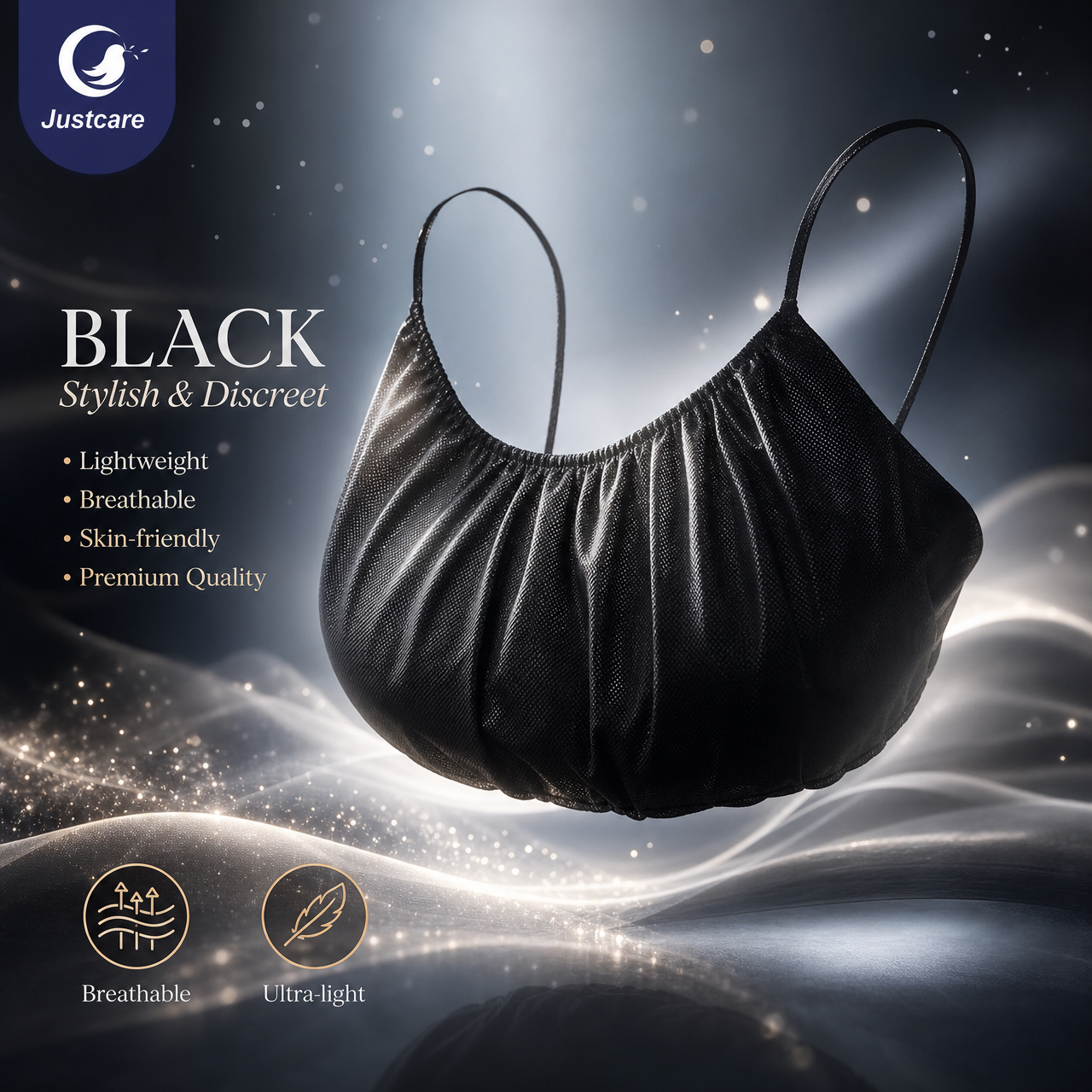 Black Justcare disposable bra close‑up poster, ultra‑light breathable skin‑friendly one‑time use bra