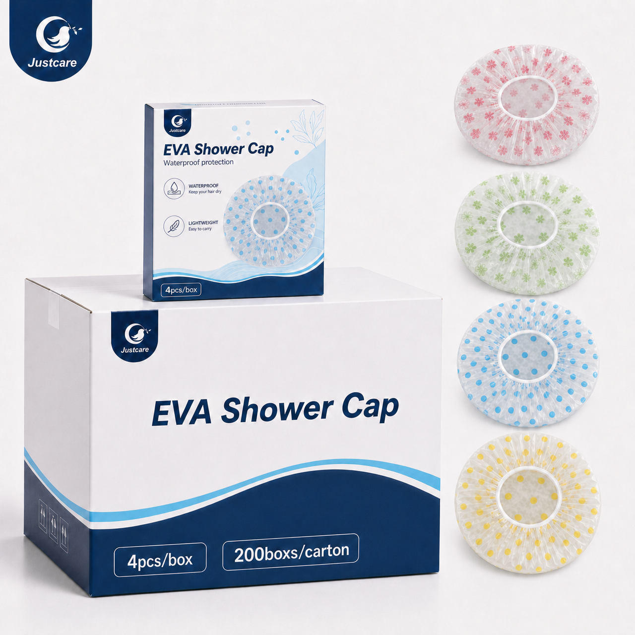 Modelo con gorro de ducha Justcare EVA, demostraci&oacute;n del efecto de uso de gorro de ba&ntilde;o reutilizable para mujeres