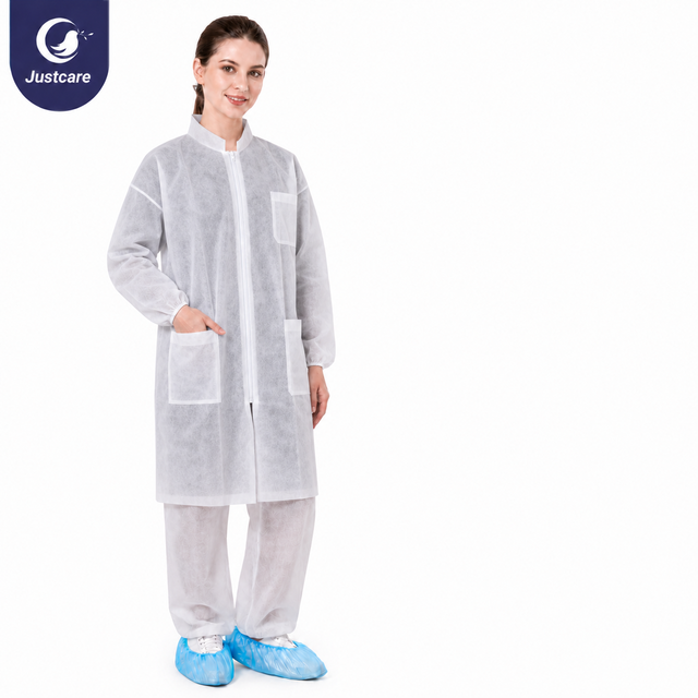 Justcare Unisex Disposable Zipper Lab Coat, non‑woven protective work coat with features and multi‑application scenarios