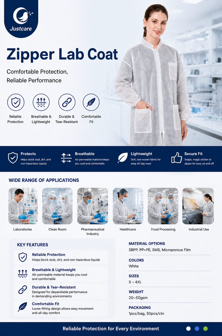justcare‑unisex‑disposable‑zipper‑lab‑coat‑infographic‑multi‑usage‑scenarios