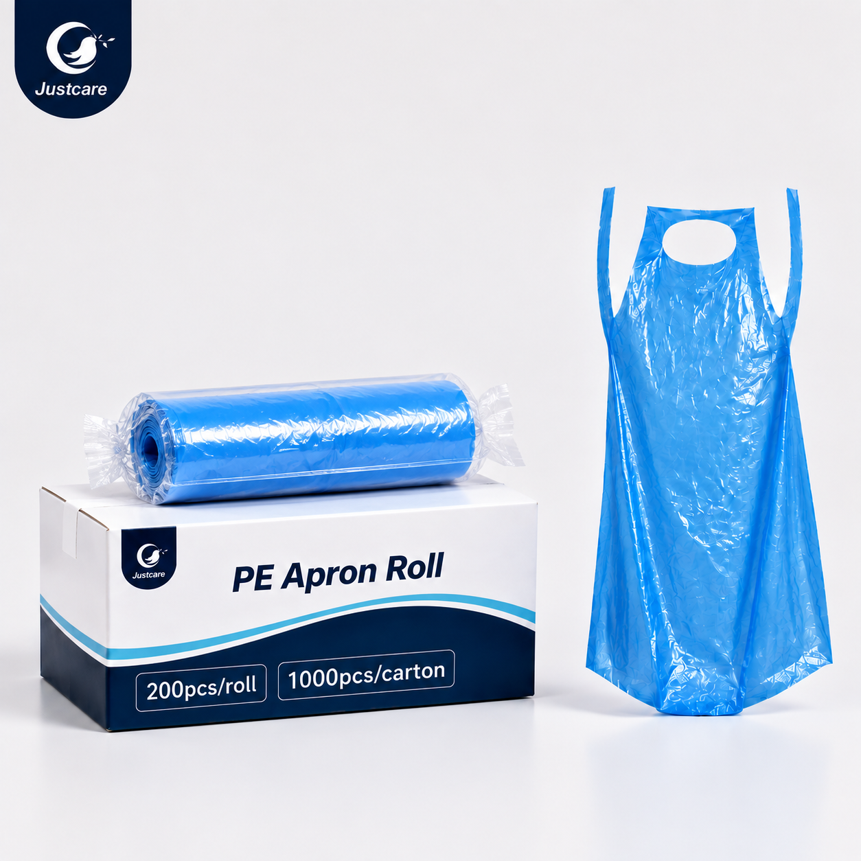 Justcare Disposable PE Apron Roll carton and roll product photo on white background