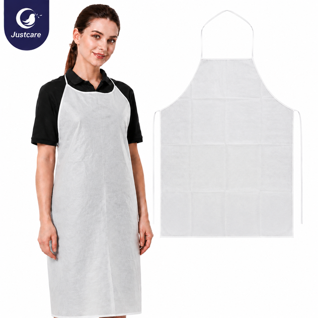 Justcare Disposable Non‑woven Apron, model wearing disposable non‑woven apron with flat‑lay product display