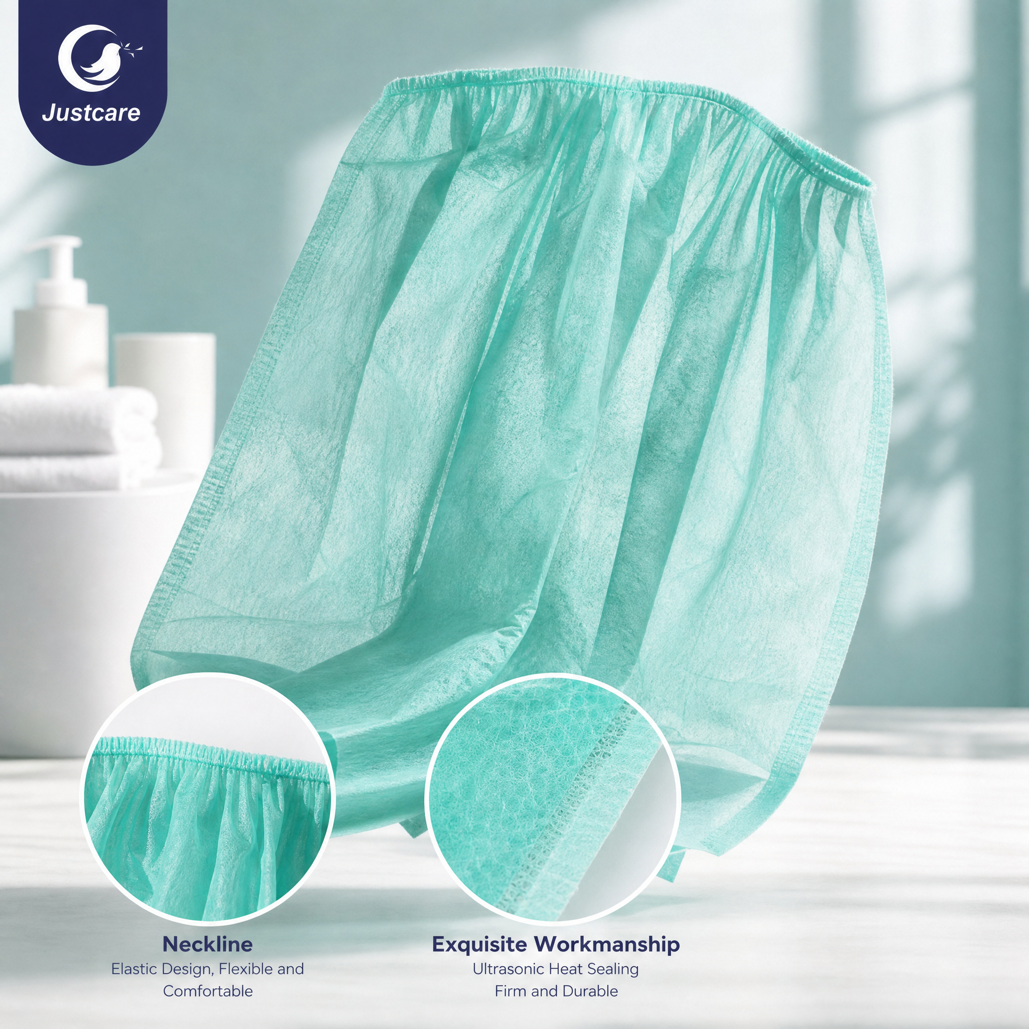 Justcare non-woven disposable bath gown closeup, elastic top, heat-sealed edges, lightweight breathable nonwoven spa skirt