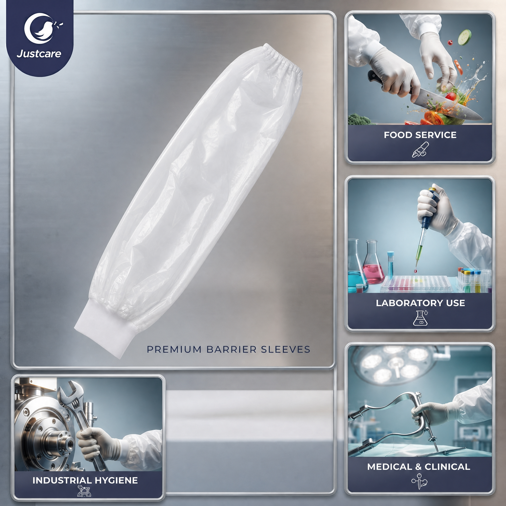 Justcare disposable PP+PE sleeve cover application collage, food service lab industrial medical clinical usage protective oversleeve