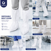 Justcare disposable boot covers product banner showing waterproof tear-resistant features and applications in laboratory, hospital, clean room and painting renovation