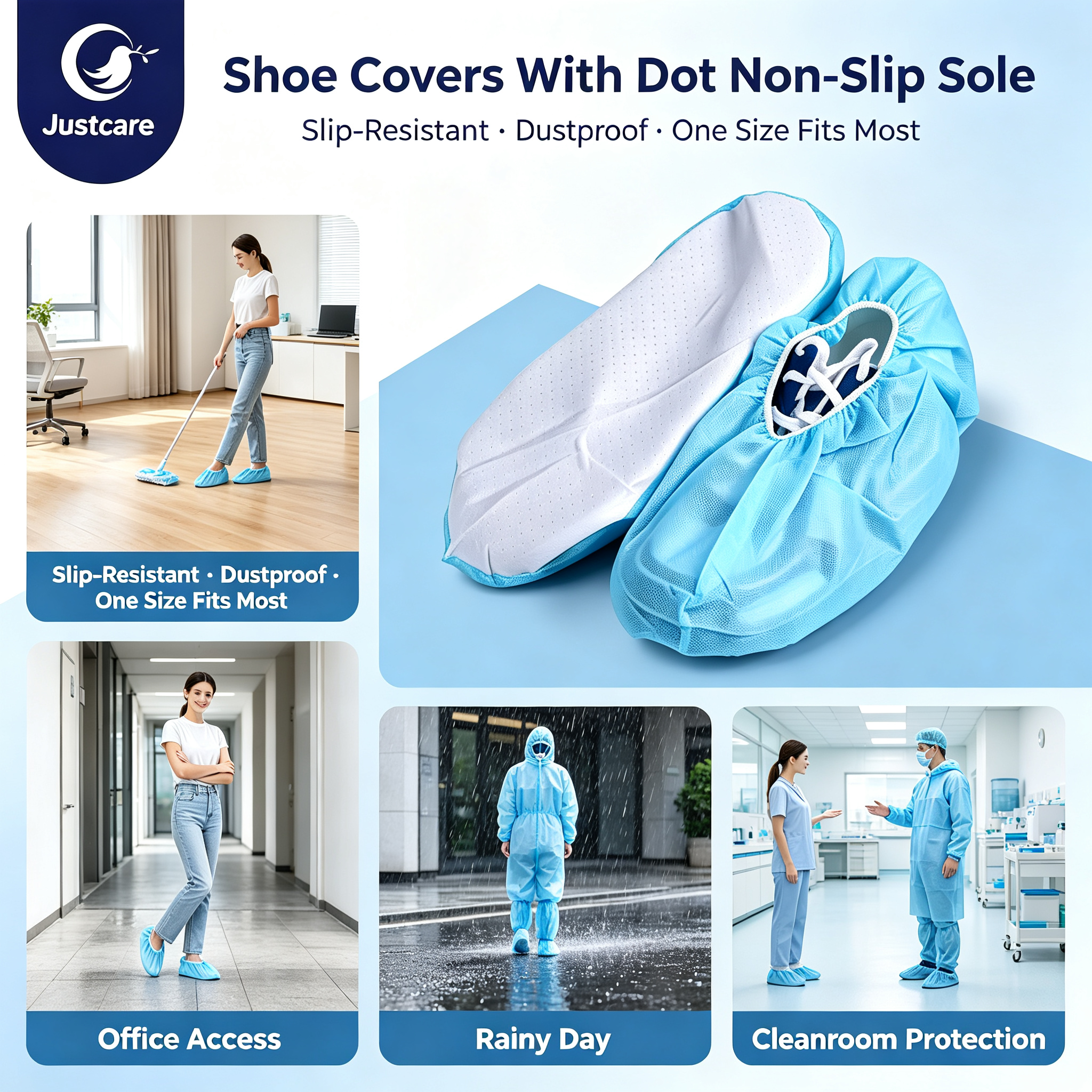 Justcare dot non‑slip sole shoe covers A+ content, PP disposable shoe covers feature parameters, multi‑scene application home cleanroom rainy day