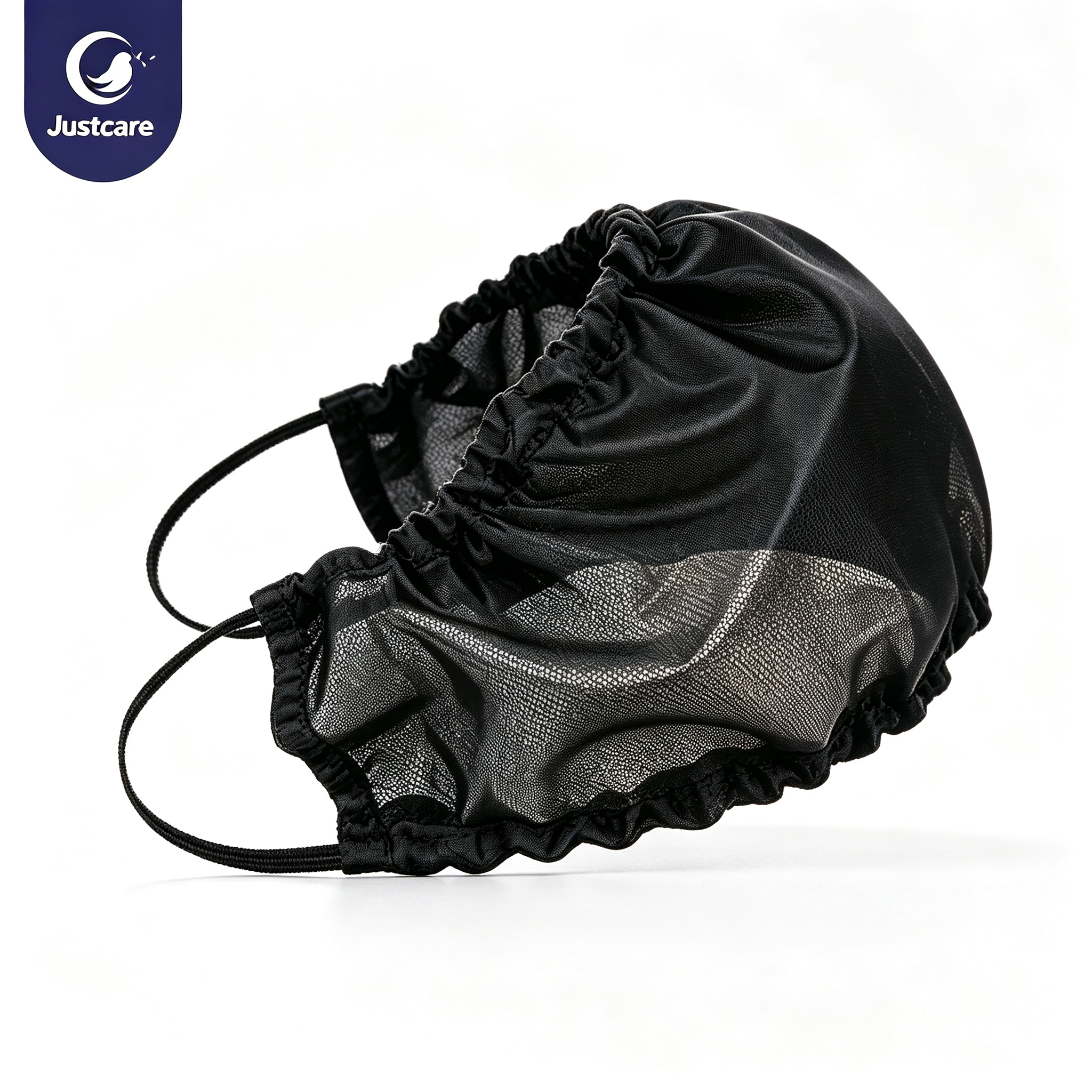 Close up of Justcare reusable black polyester beard cover, stretch breathable beard net, white background product detail photo