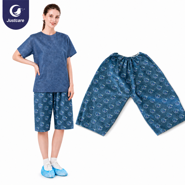 Justcare unisex disposable sauna boxers, model wearing polyester non‑woven spa shorts with flat lay product view