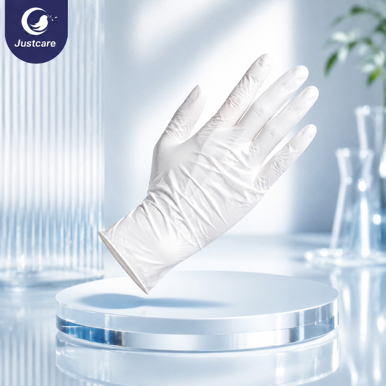 Justcare powder‑free disposable latex glove single product shot, flexible white natural latex safety glove on acrylic display stand