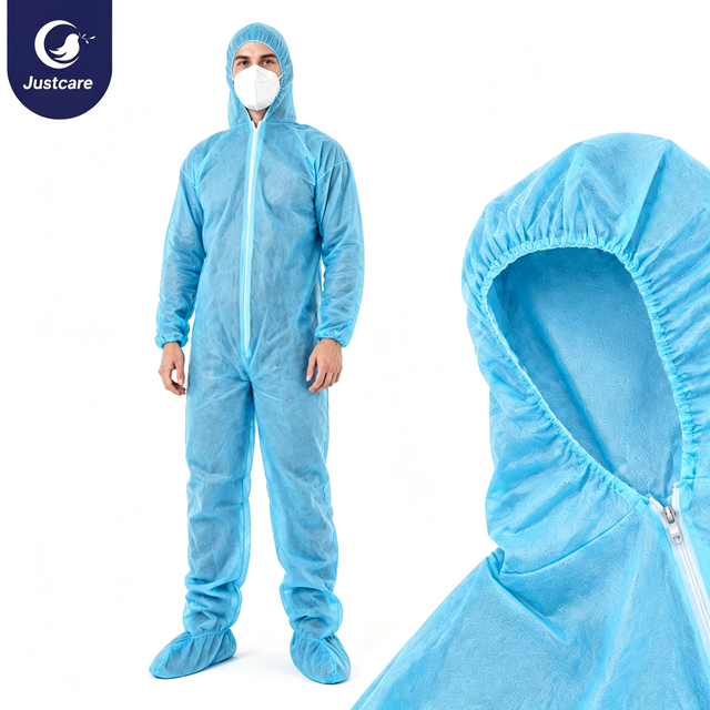 Justcare disposable coverall with booties specification infographic