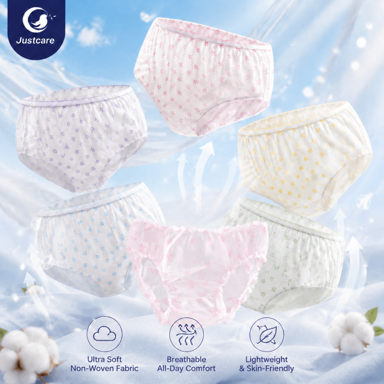 justcare women disposable underwear wear effect close‑up, plum blossom print disposable panties, elastic waistband detail