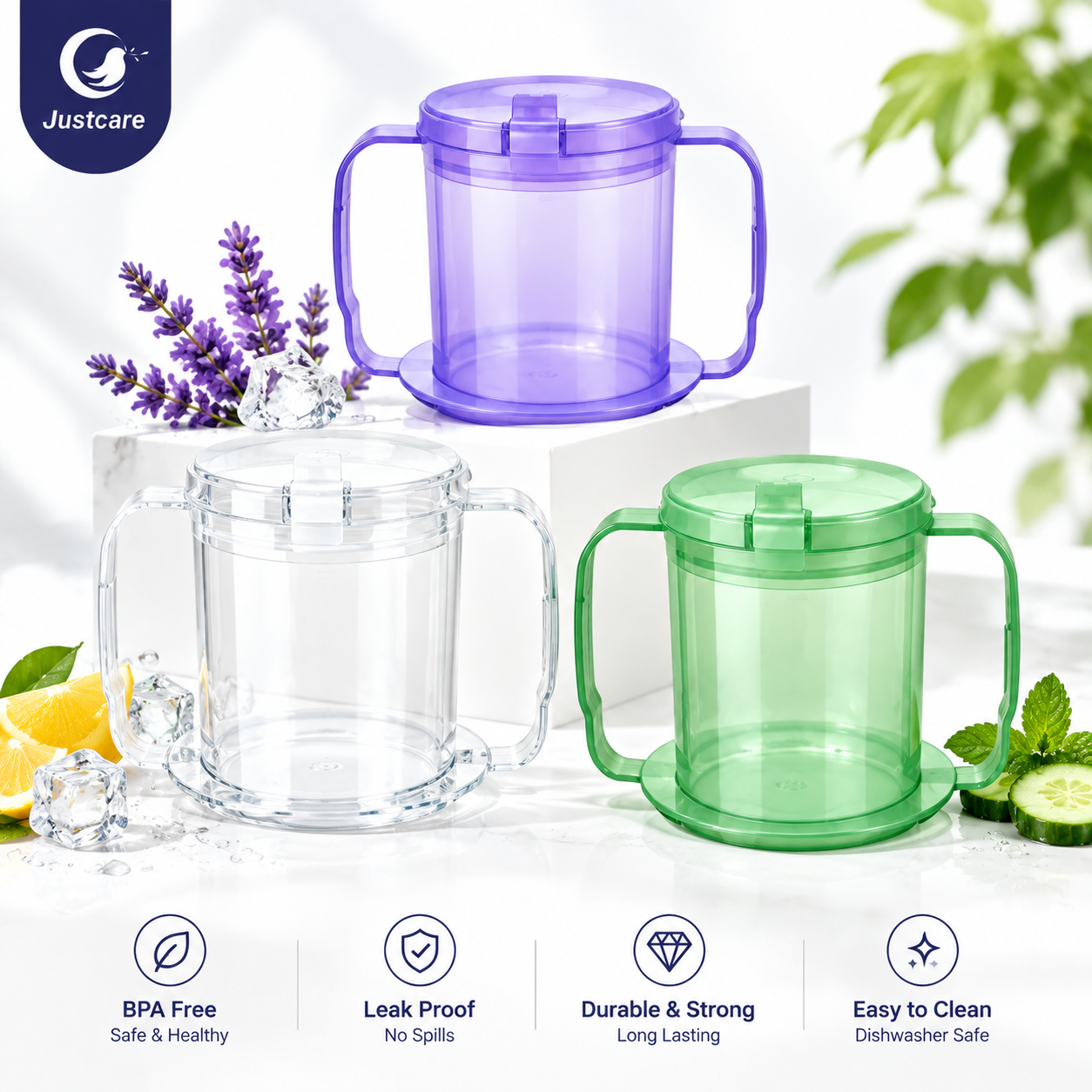 Justcare Cup with Dual Handles in purple, clear and green, BPA free leak proof nursing sip cup