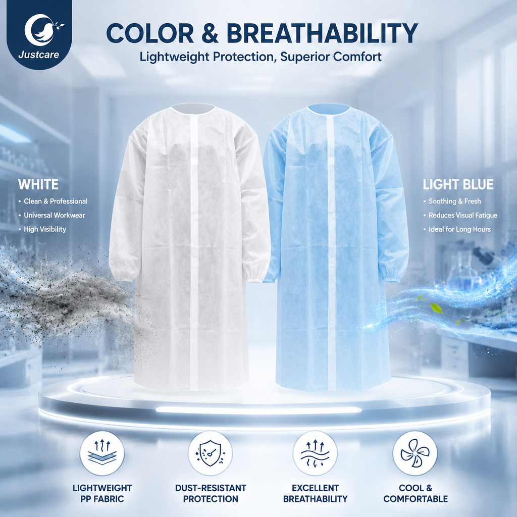 Justcare Velcro‑fastened lab coat, white and light blue disposable PP lab coat, lightweight dust‑resistant breathable protective workwear