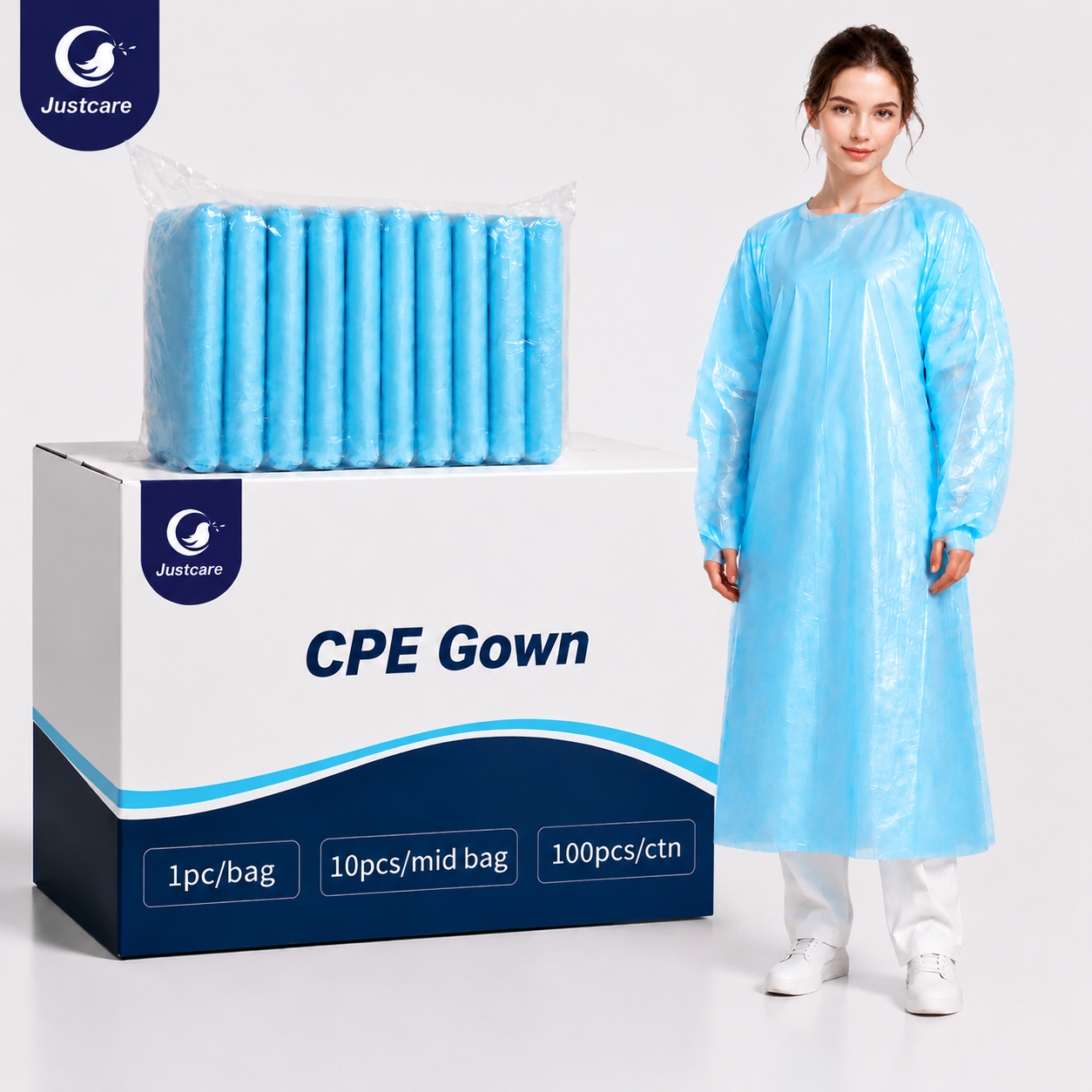 Justcare CPE gown packaging box, disposable waterproof protective isolation gown bulk package