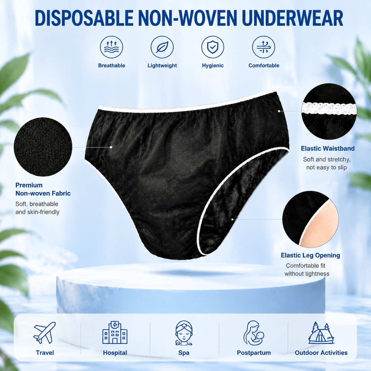 Disposable Black Women's Briefs, single‑use ladies underwear for travel hotel spa salon