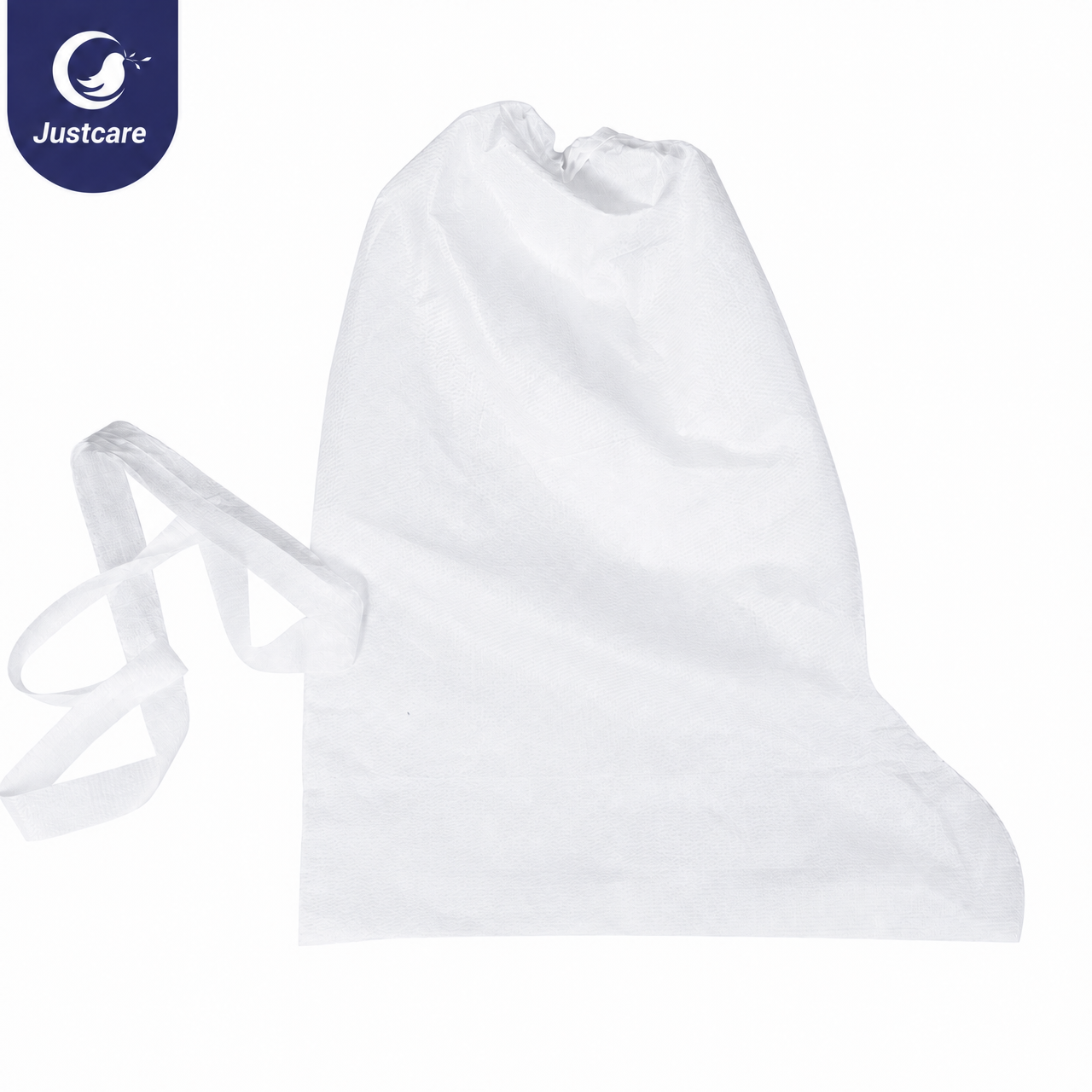Justcare disposable SMS nonwoven boot cover flat lay on white background, waterproof shoe cover with elastic opening and back ties
