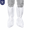 Person wearing Justcare disposable high-top boot covers over pants, secured with back ties and elastic top for secure fit