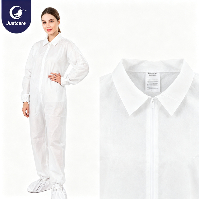 Justcare disposable coverall with shirt collar, white non woven protective jumpsuit, front zipper, elastic cuffs, model wearing