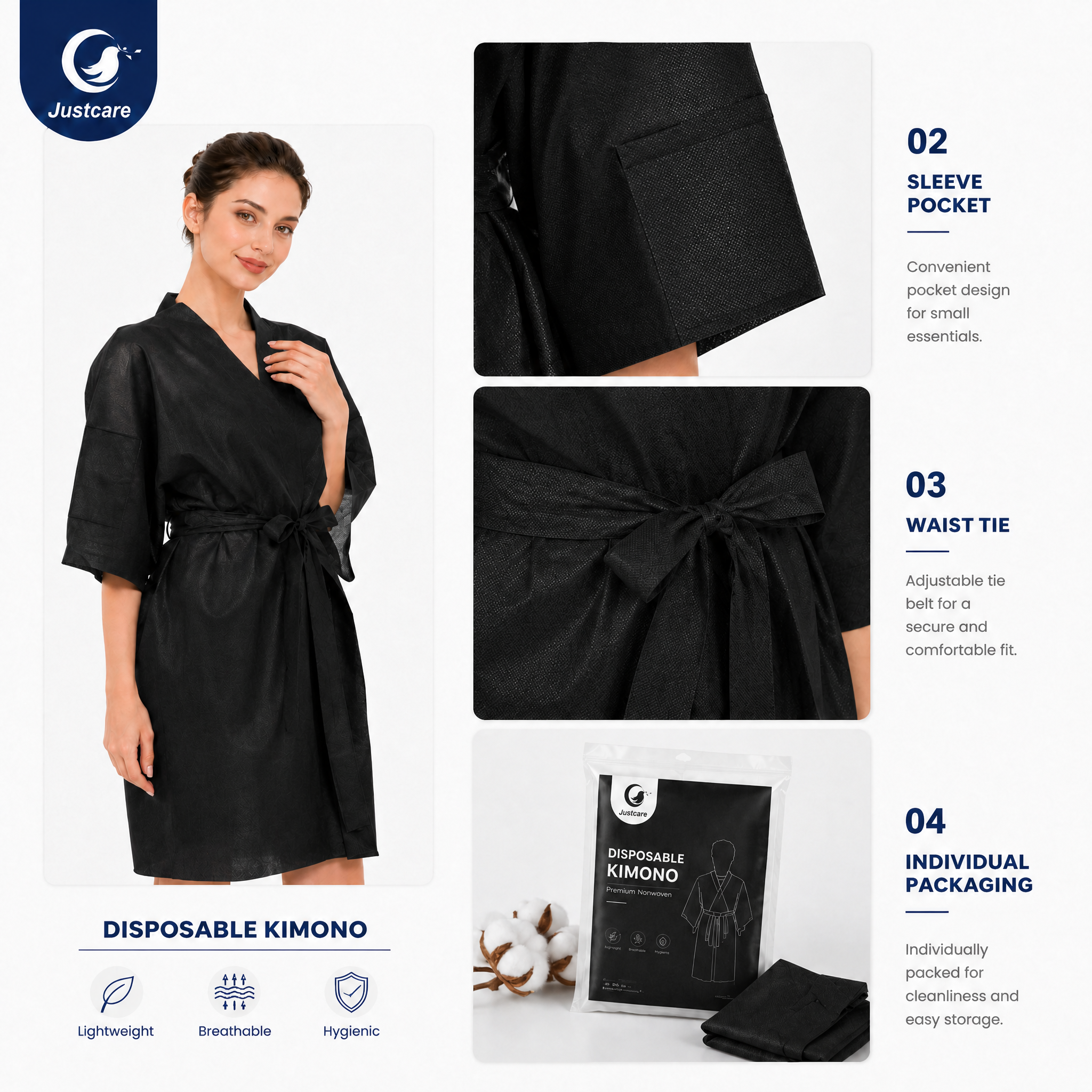 Disposable Nonwoven black Kimono with Short Sleeves for Spa & Salon