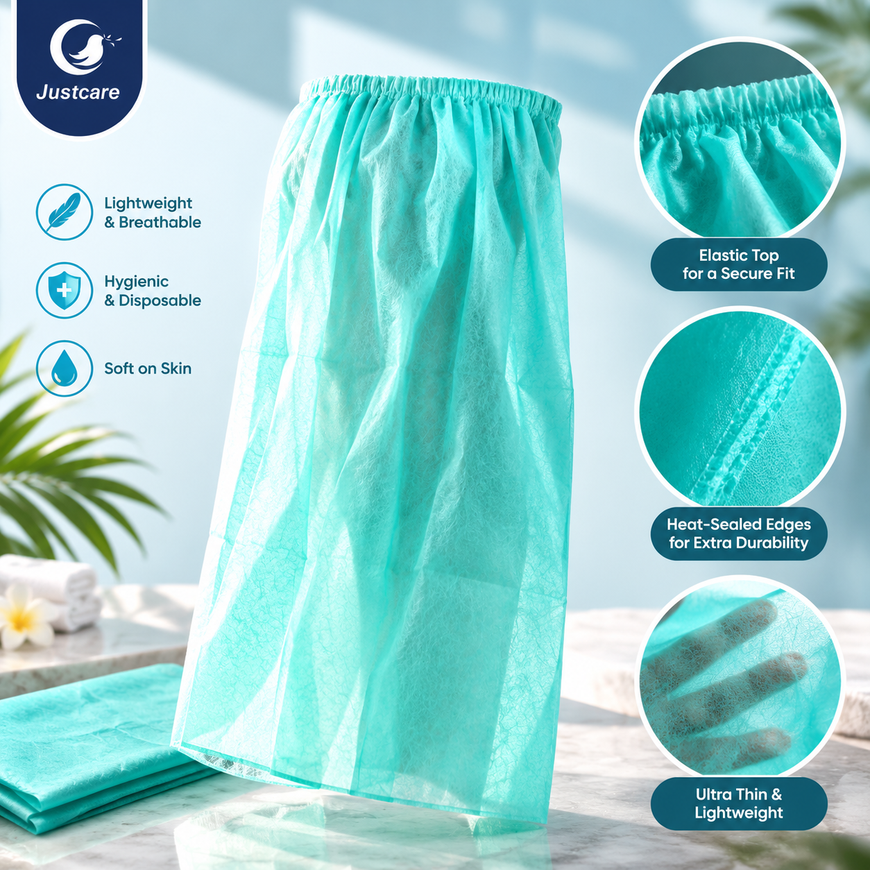 Justcare non-woven disposable bath gown closeup, elastic top, heat-sealed edges, lightweight breathable nonwoven spa skirt