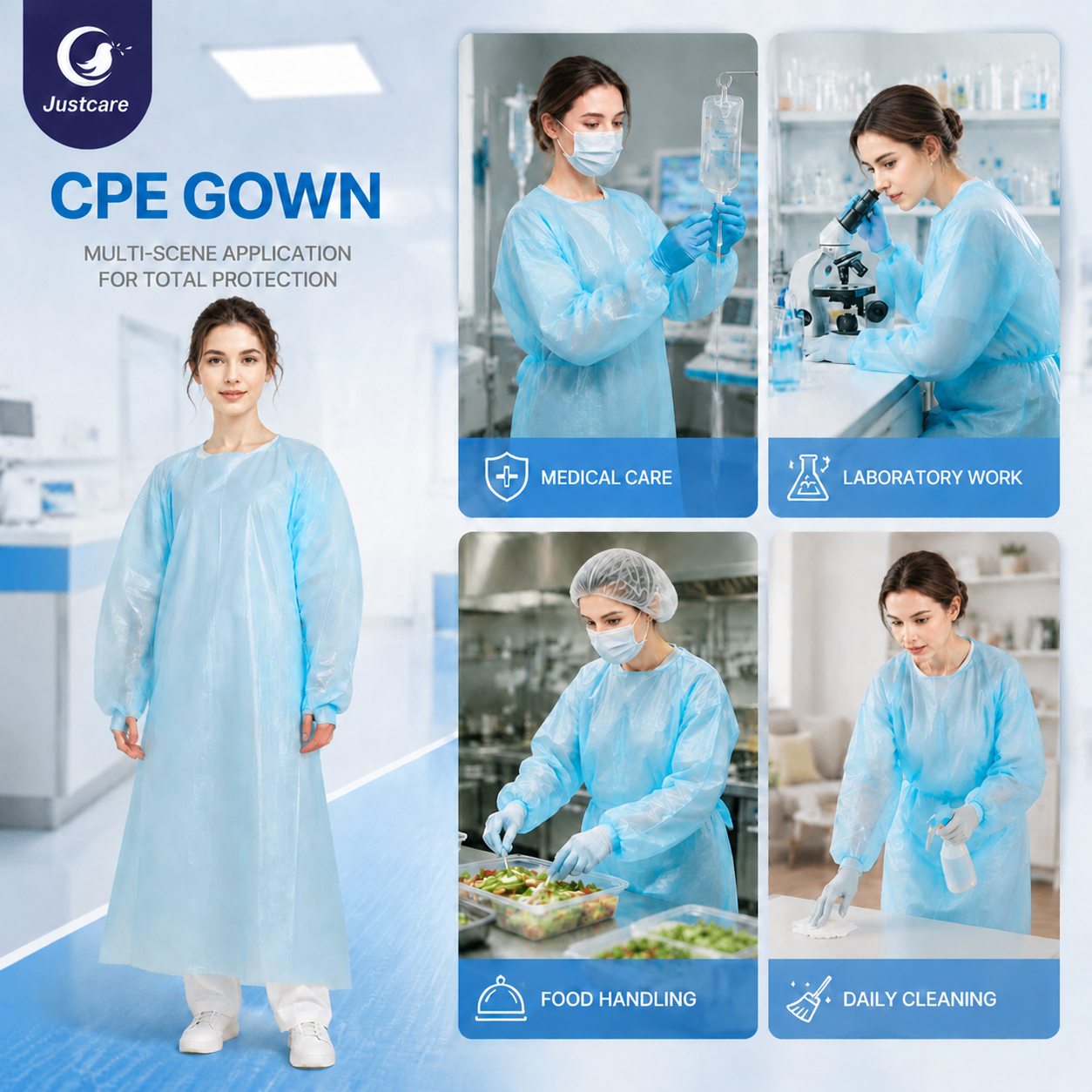 Disposable CPE protective gown, long sleeve full coverage isolation gown, waterproof anti‑dust medical exam gown for healthcare beauty salon