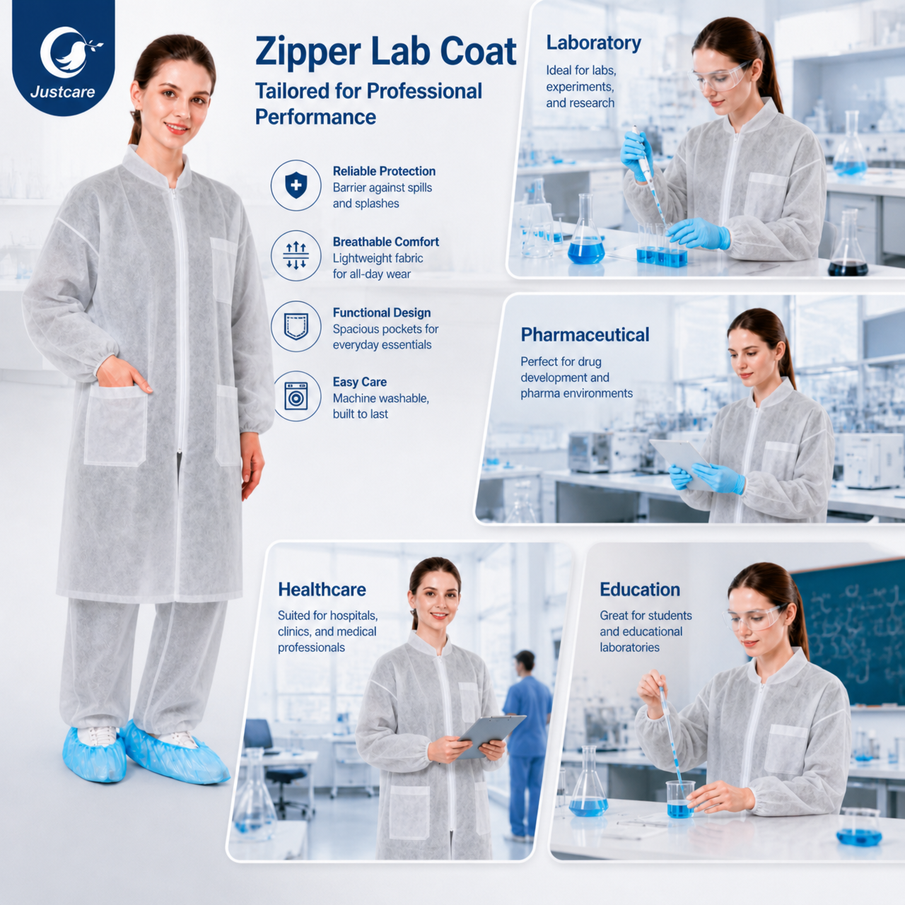 Justcare Unisex Disposable Zipper Lab Coat, white & light gray color options, breathable dust‑resistant pp fabric