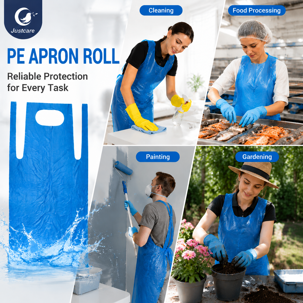 Justcare Disposable PE Apron Roll multi‑scene for cleaning food processing painting gardening