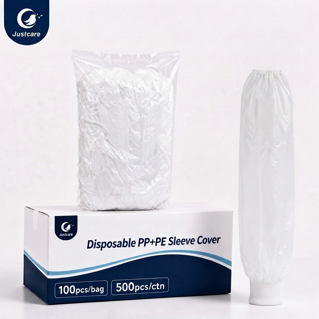 Justcare disposable PP+PE sleeve cover packaging show, 100pcs per bag 500pcs per carton white protective oversleeve