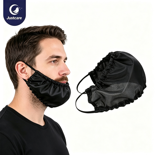Justcare polyester beard cover worn by man with beard, reusable black facial hair protector, white background lifestyle image