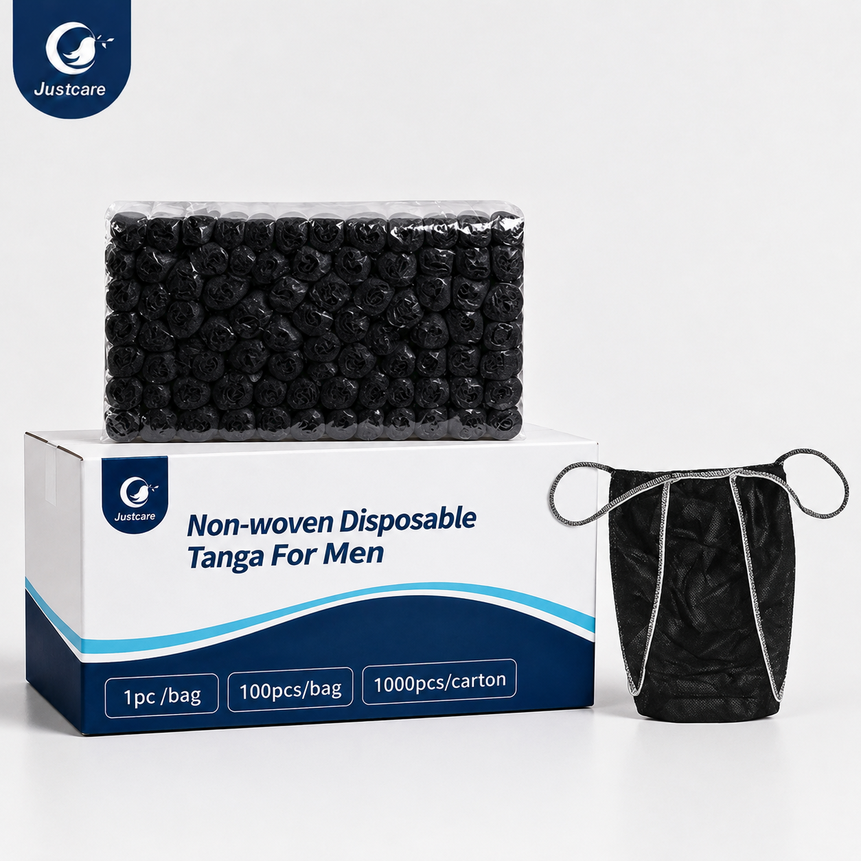 Justcare men disposable tanga underwear bulk carton packaging, 1000pcs per carton, black non‑woven disposable thong