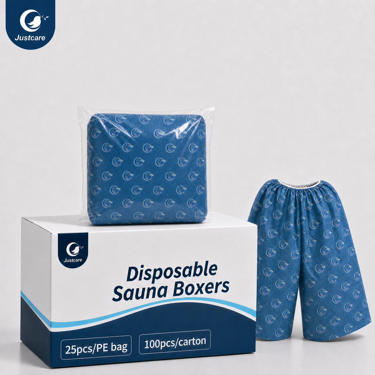 Justcare disposable sauna boxers infographic, product specification and multi‑usage feature poster