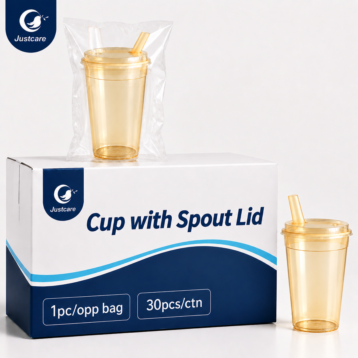 Justcare medical sip cup OPP header bag and outer carton packaging for hospital home care