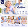 Justcare dual handle medical sip cup poster, elderly patient drinking cup for hospital, nursing home, rehab and home care