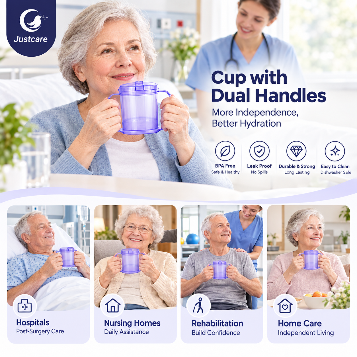 Justcare dual handle medical sip cup poster, elderly patient drinking cup for hospital, nursing home, rehab and home care
